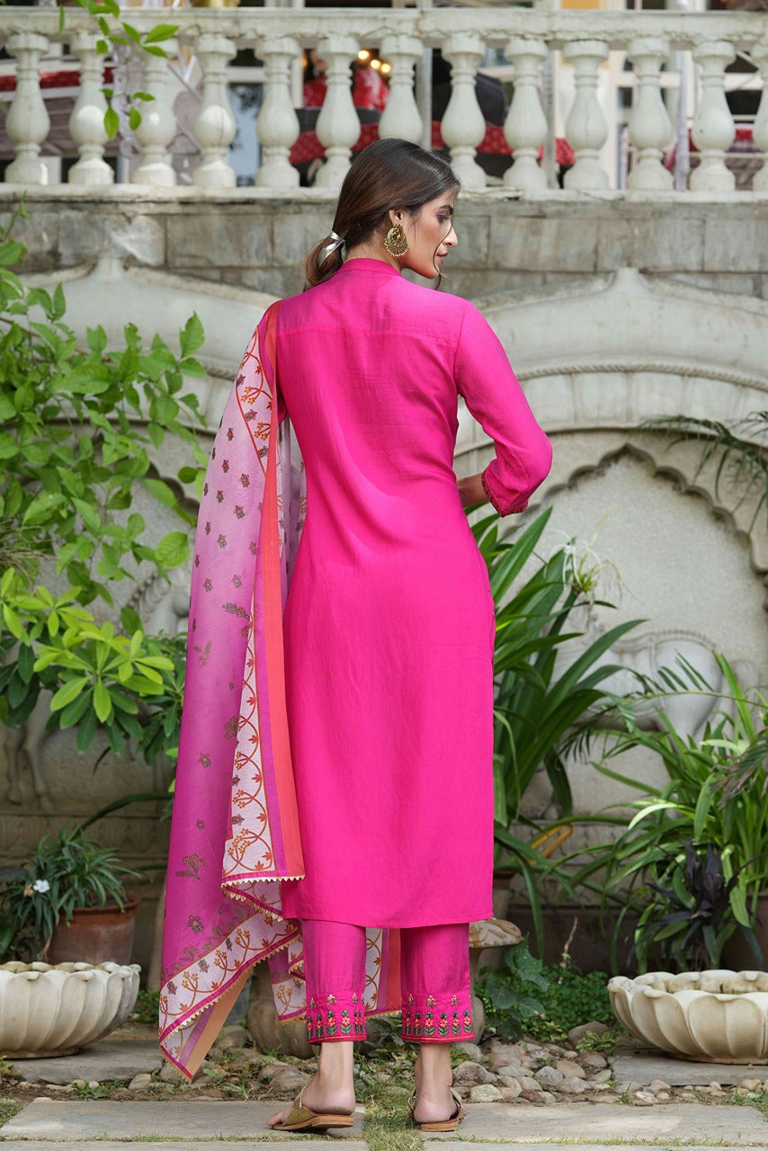 Juniper Fuchsia Mono Viscose Festive Wear Embroidered Straight Kurta Pant Dupatta Set