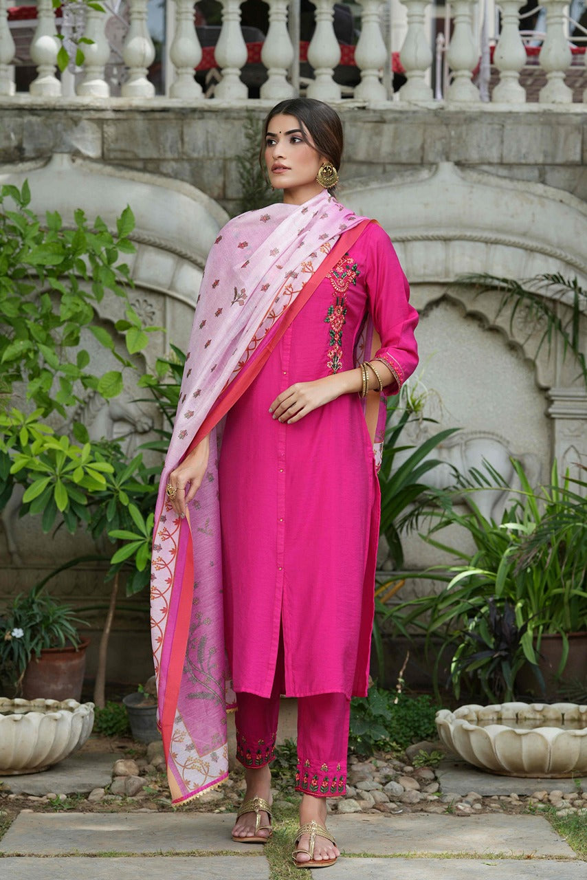 Juniper Fuchsia Mono Viscose Festive Wear Embroidered Straight Kurta Pant Dupatta Set
