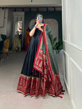 Lorenvalley Black Tussar Silk Print With Foil Print Gown with Dupatta