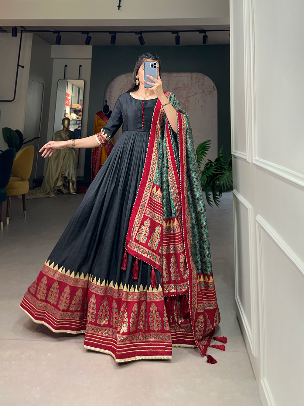 Lorenvalley Black Tussar Silk Print With Foil Print Gown with Dupatta