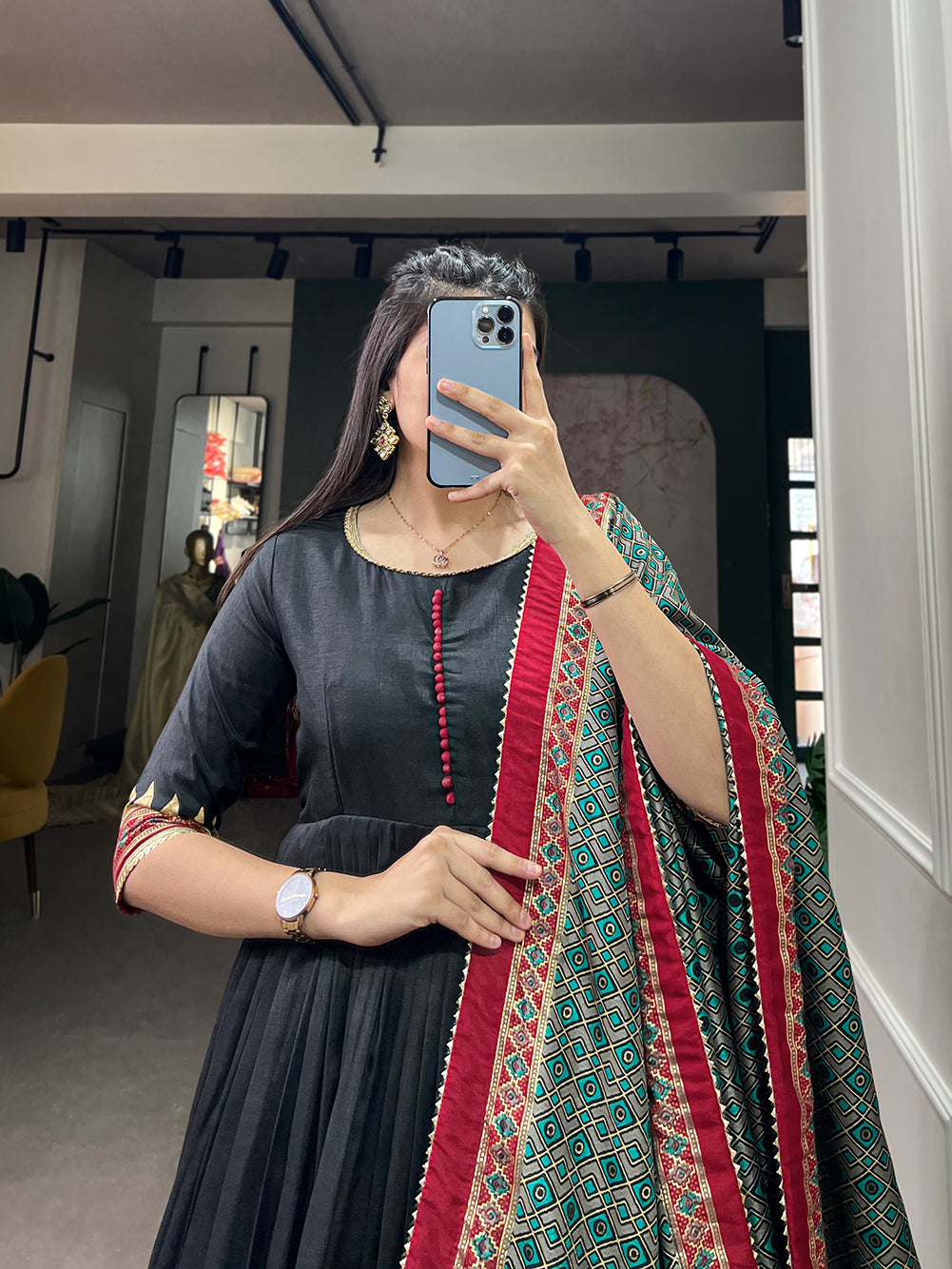 Lorenvalley Black Tussar Silk Print With Foil Print Gown with Dupatta