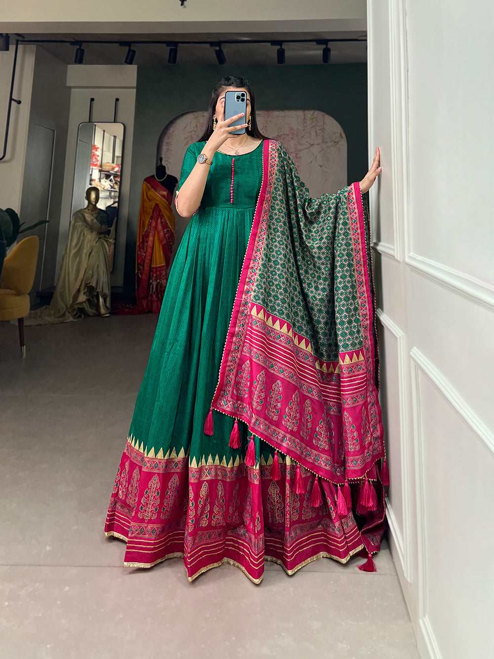 Lorenvalley Green Tussar Silk Print With Foil Print Gown with Dupatta