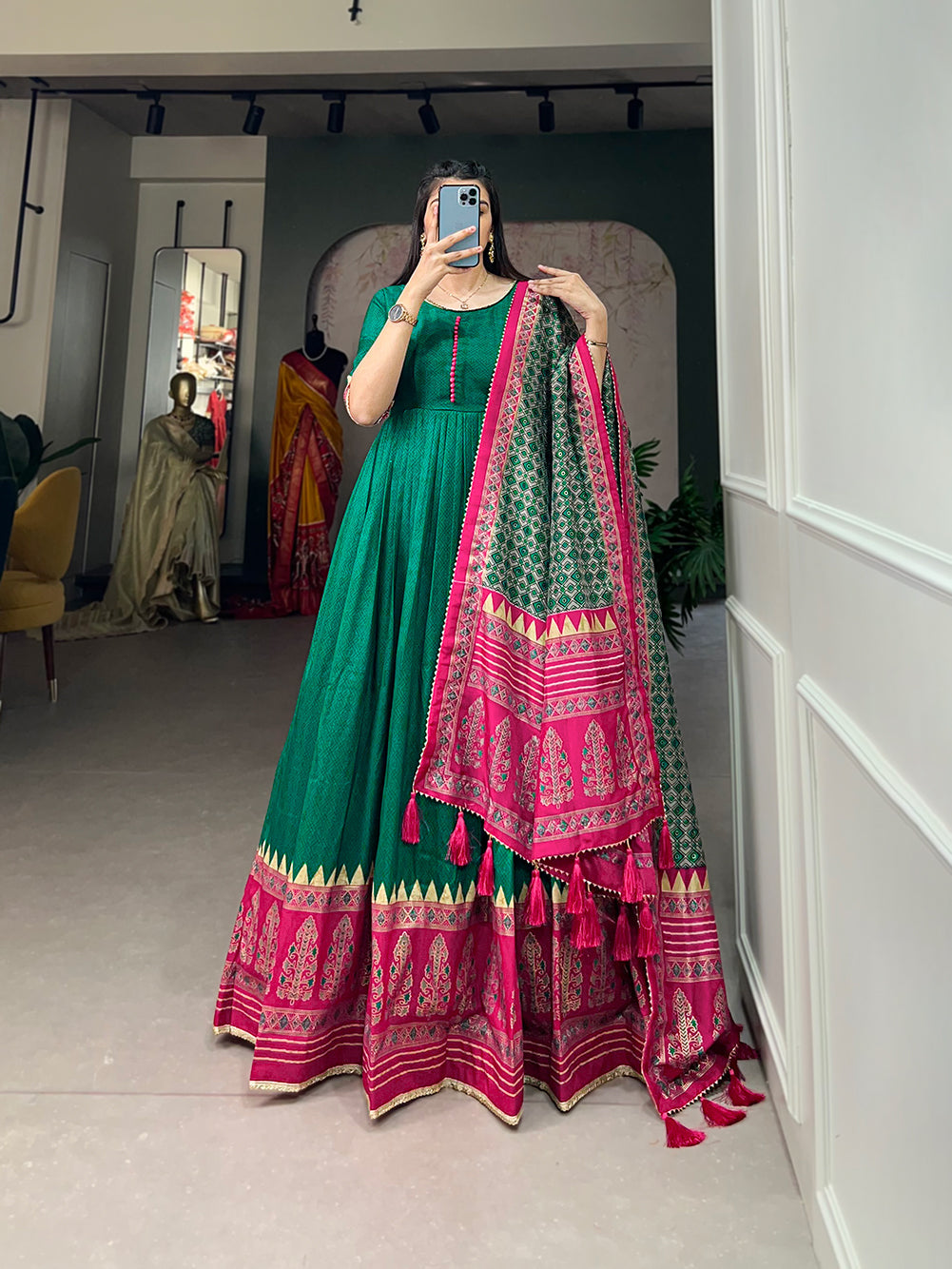 Lorenvalley Green Tussar Silk Print With Foil Print Gown with Dupatta
