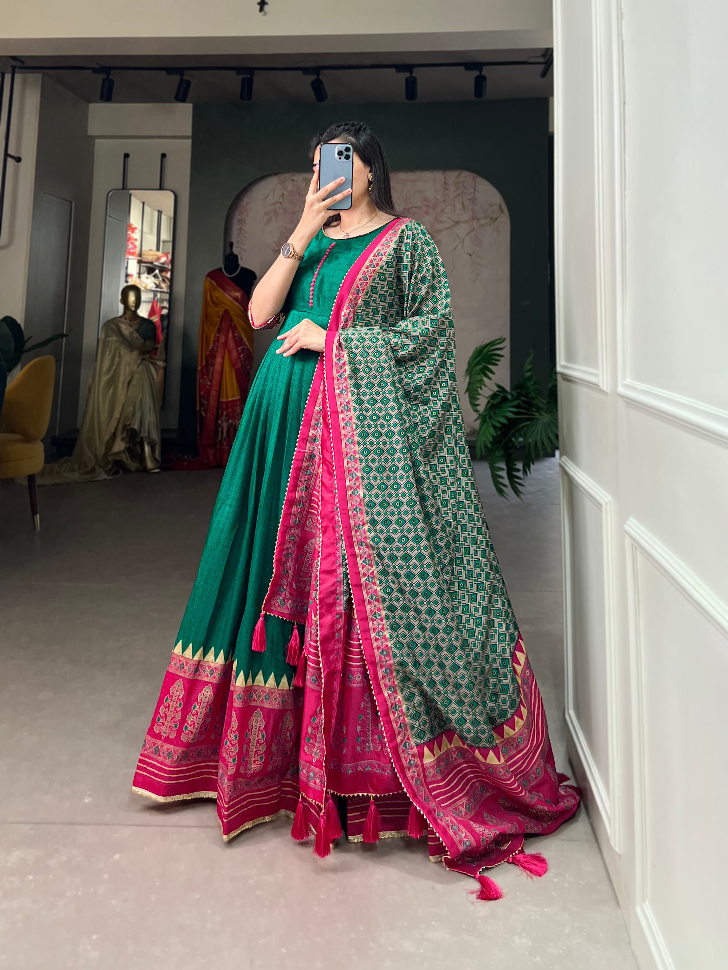 Lorenvalley Green Tussar Silk Print With Foil Print Gown with Dupatta