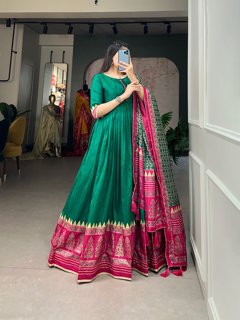 Lorenvalley Green Tussar Silk Print With Foil Print Gown with Dupatta