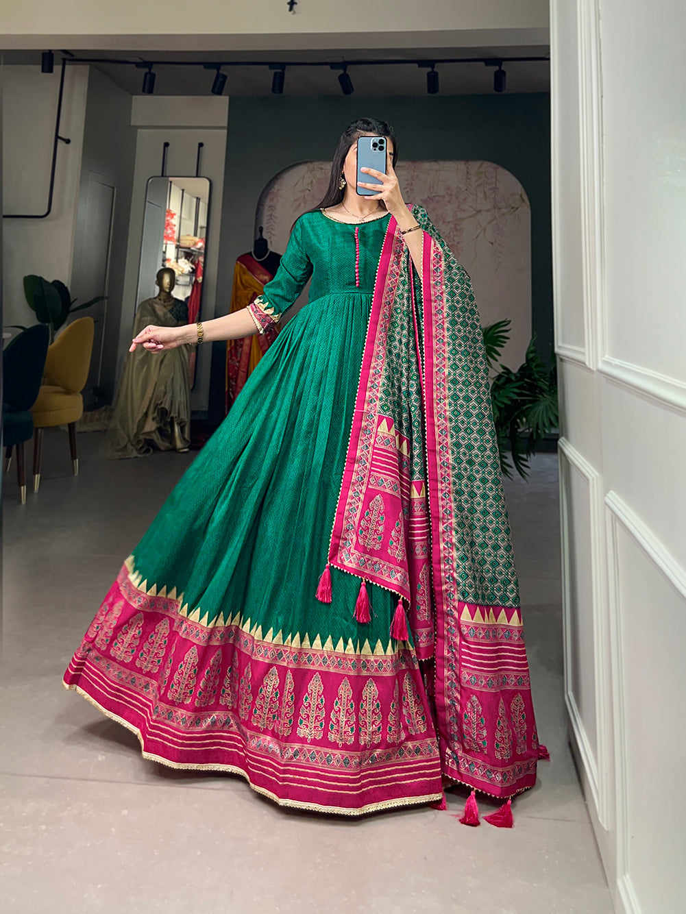 Lorenvalley Green Tussar Silk Print With Foil Print Gown with Dupatta