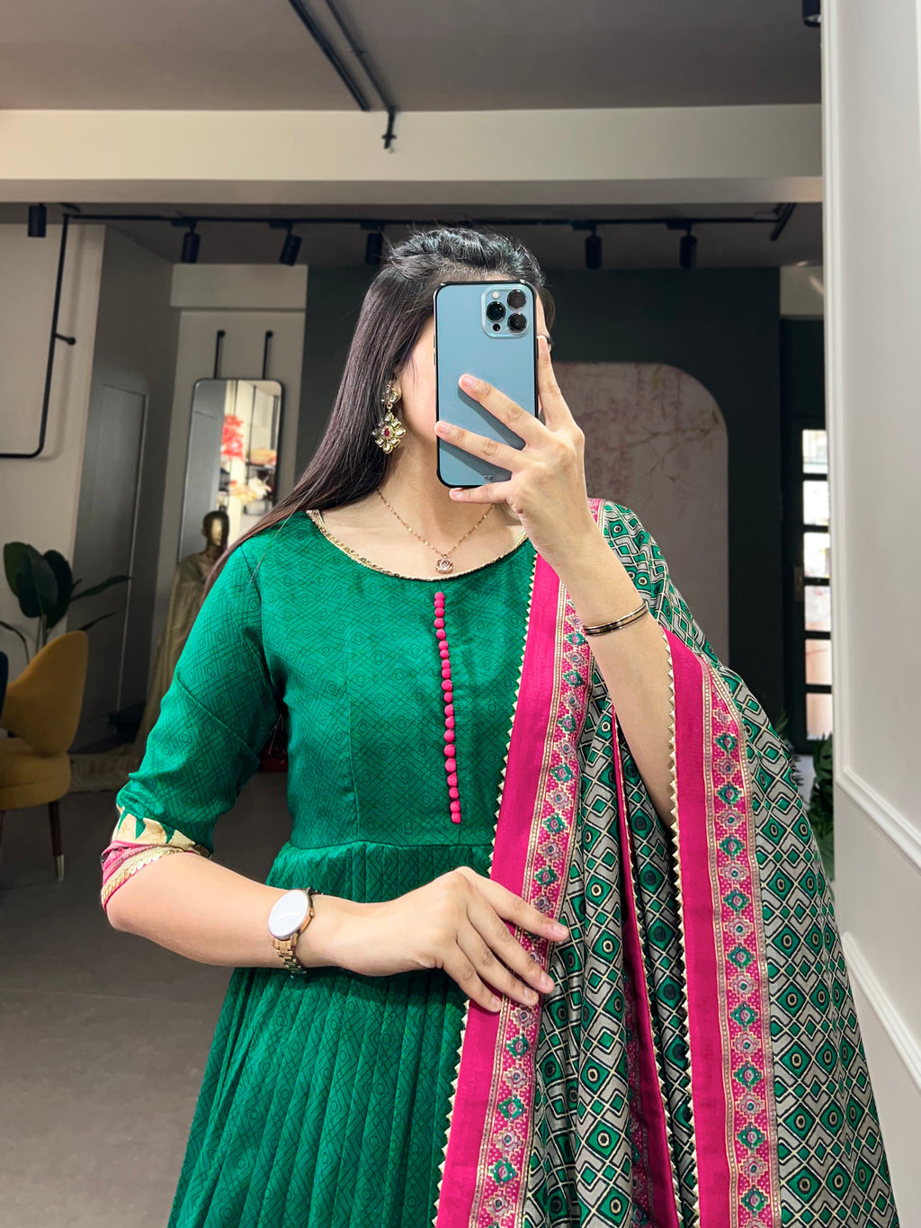 Lorenvalley Green Tussar Silk Print With Foil Print Gown with Dupatta