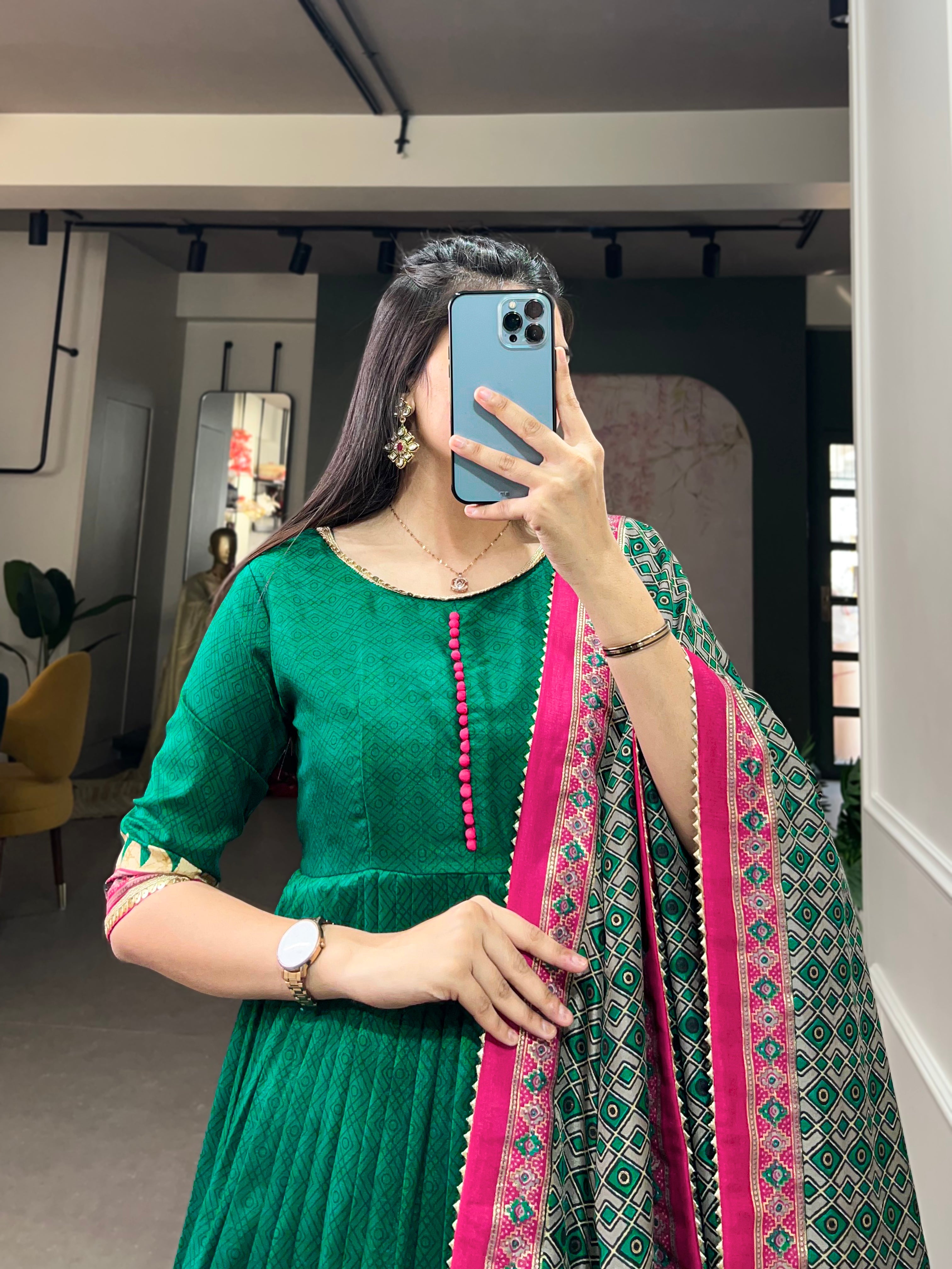 Lorenvalley Green Tussar Silk Print With Foil Print Gown with Dupatta