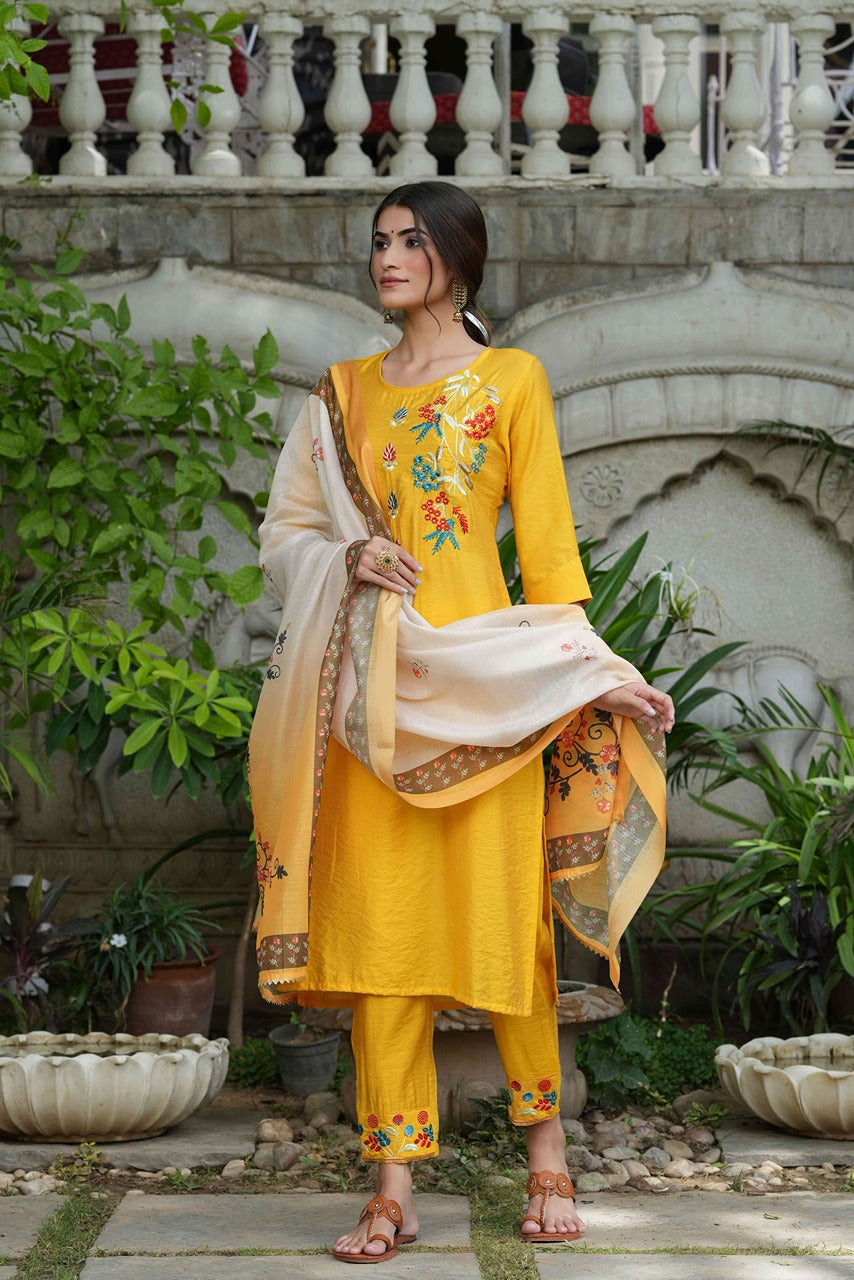 Juniper Women's Yellow Mono Viscose Straight Embroidered Kurta Sets