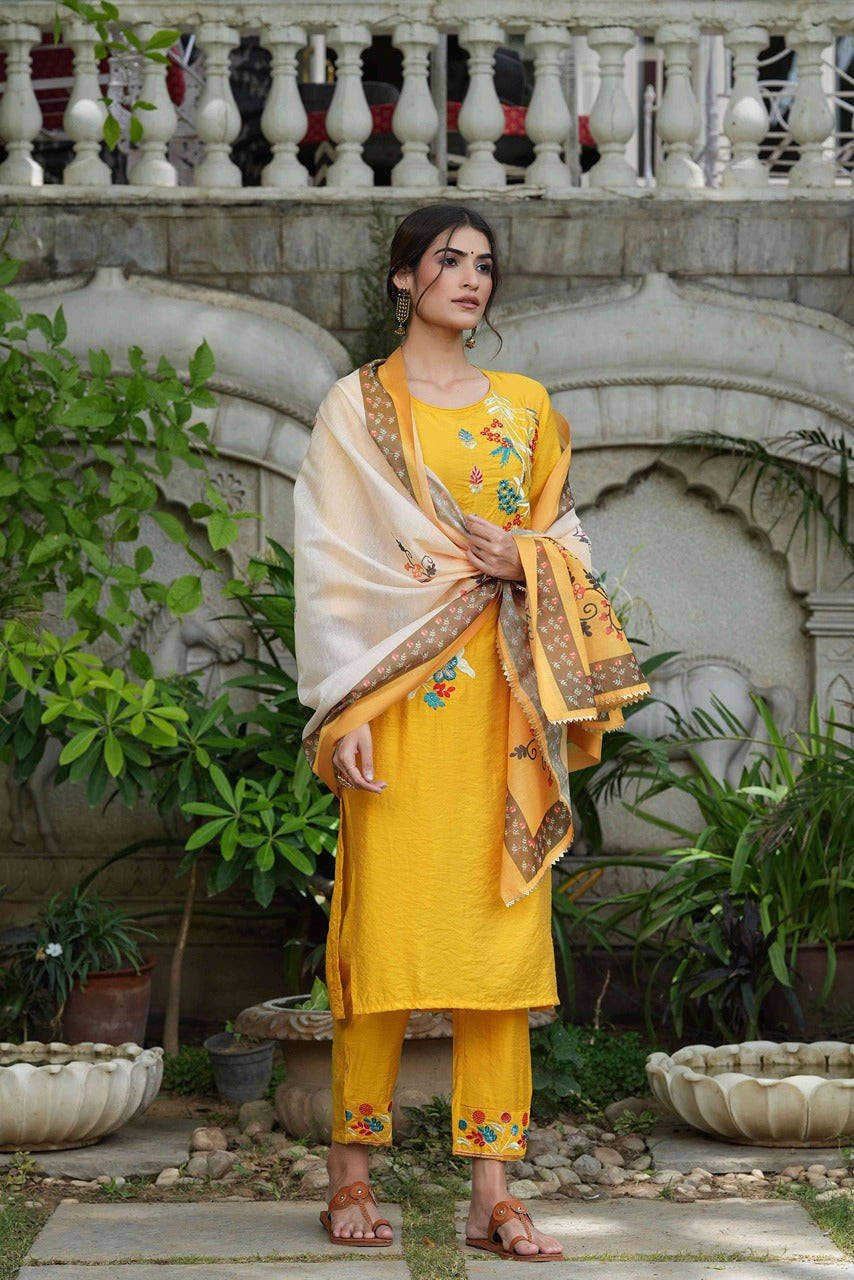 Juniper Women's Yellow Mono Viscose Straight Embroidered Kurta Sets