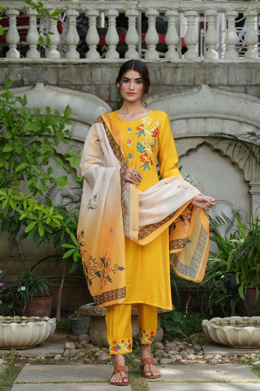 Juniper Women's Yellow Mono Viscose Straight Embroidered Kurta Sets