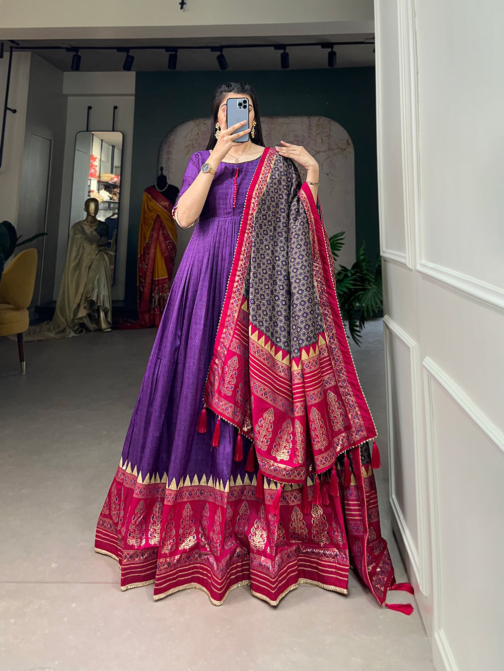 Lorenvalley Purple Tussar Silk Print With Foil Print Gown with Dupatta