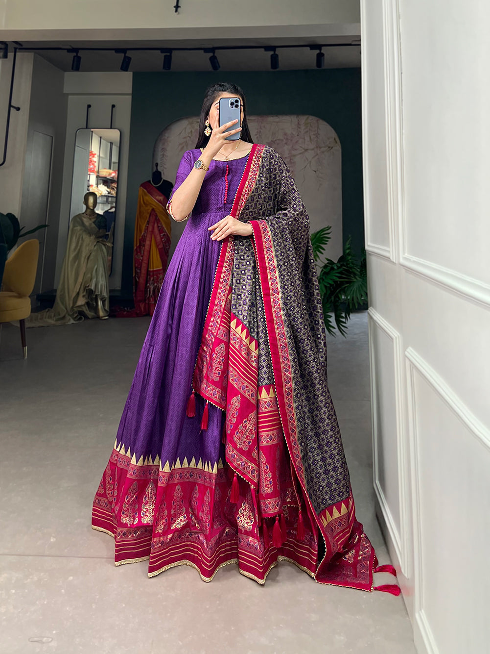 Lorenvalley Purple Tussar Silk Print With Foil Print Gown with Dupatta