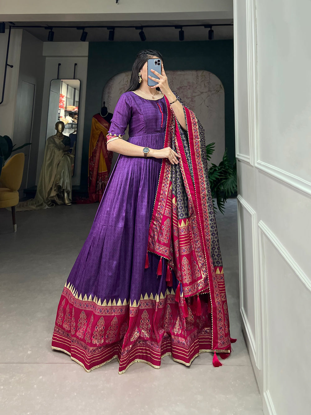 Lorenvalley Purple Tussar Silk Print With Foil Print Gown with Dupatta