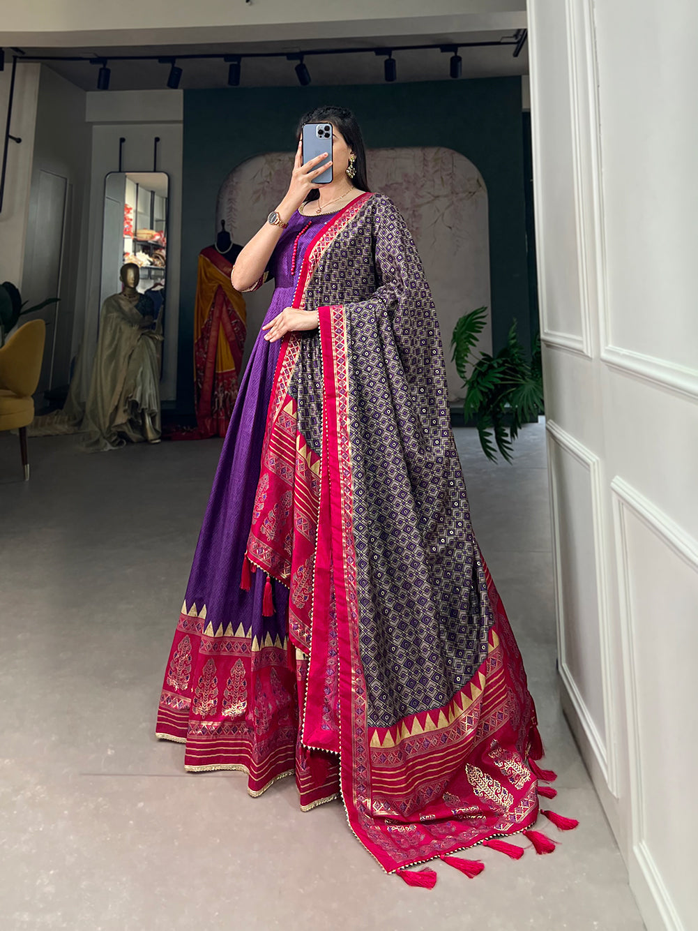 Lorenvalley Purple Tussar Silk Print With Foil Print Gown with Dupatta