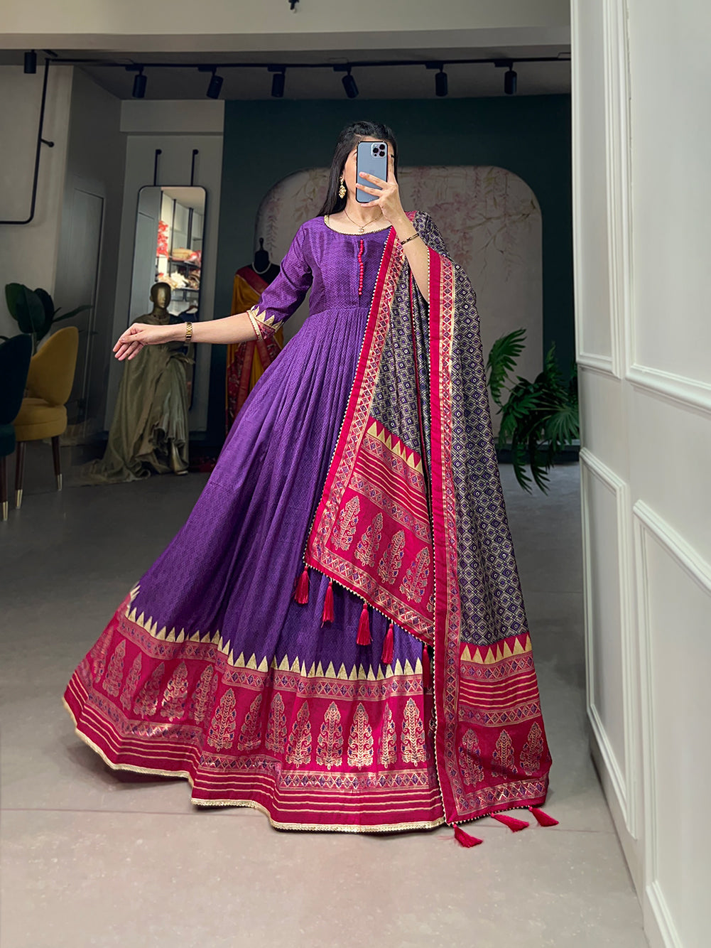 Lorenvalley Purple Tussar Silk Print With Foil Print Gown with Dupatta