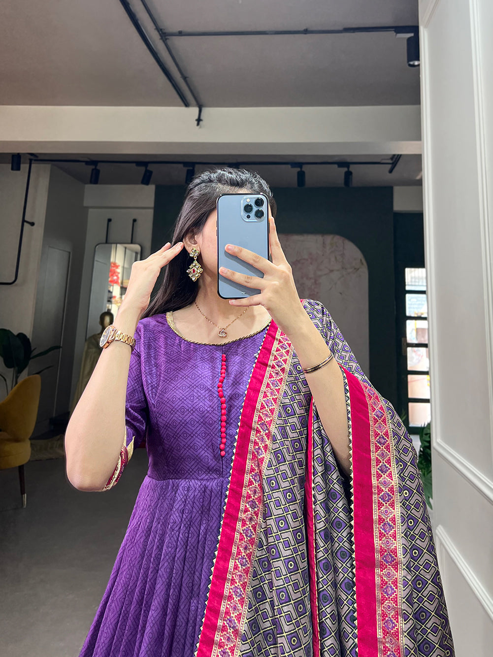 Lorenvalley Purple Tussar Silk Print With Foil Print Gown with Dupatta
