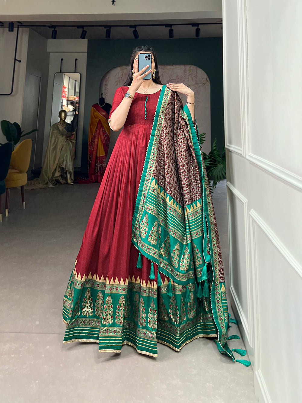 Lorenvalley Red Tussar Silk Print With Foil Print Gown with Dupatta