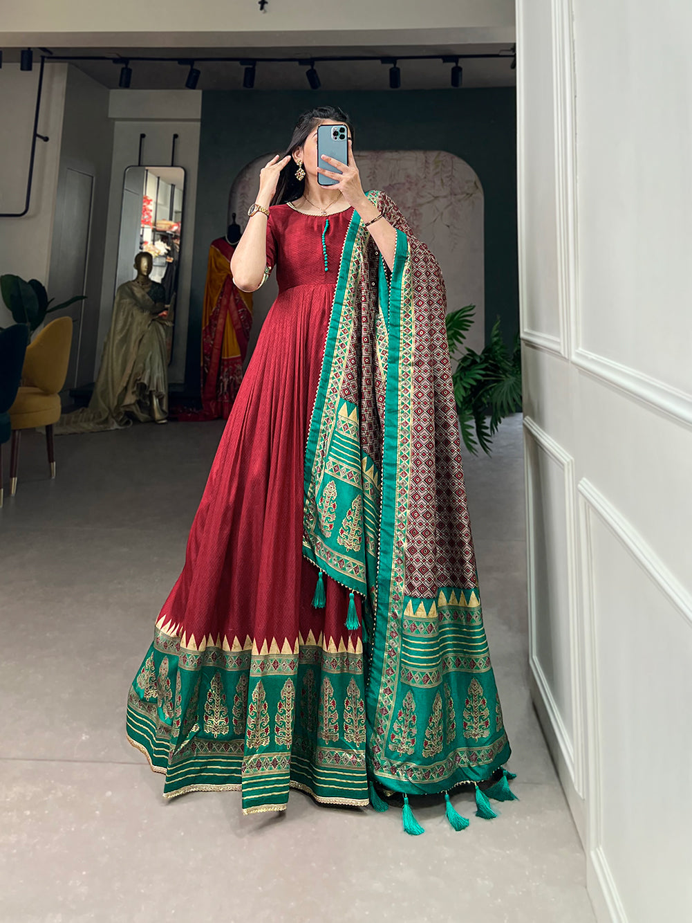 Lorenvalley Red Tussar Silk Print With Foil Print Gown with Dupatta