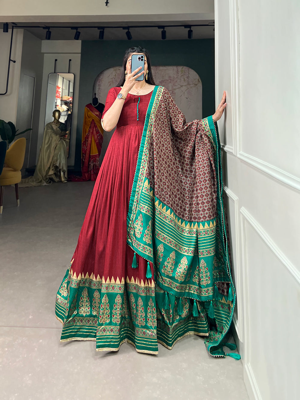Lorenvalley Red Tussar Silk Print With Foil Print Gown with Dupatta