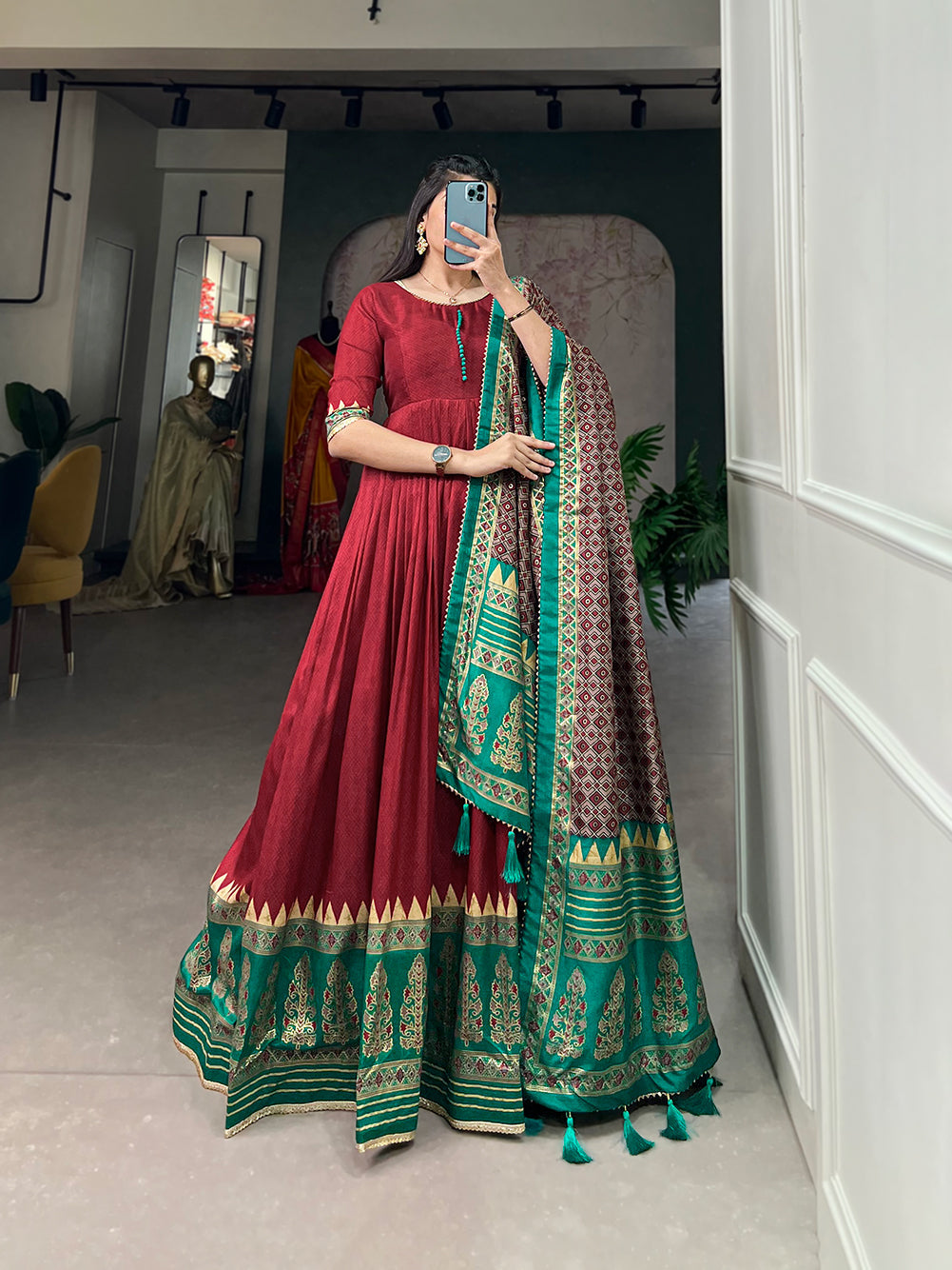 Lorenvalley Red Tussar Silk Print With Foil Print Gown with Dupatta
