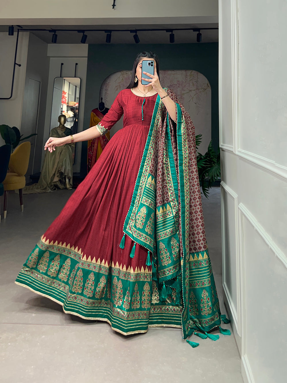 Lorenvalley Red Tussar Silk Print With Foil Print Gown with Dupatta