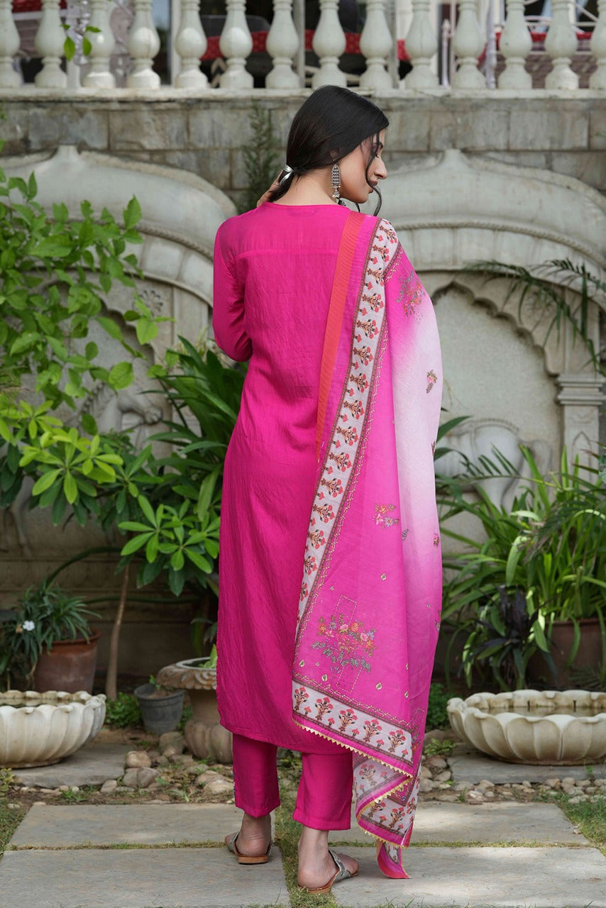 Juniper Fuchsia Mono Viscose Festive Wear Embroidered Straight Kurta Pant Dupatta Set