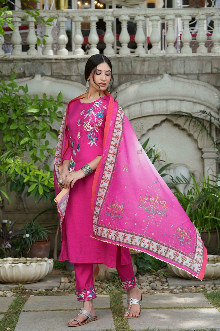 Juniper Fuchsia Mono Viscose Festive Wear Embroidered Straight Kurta Pant Dupatta Set