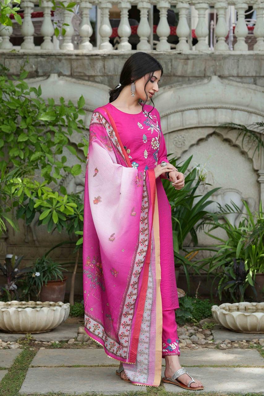 Juniper Fuchsia Mono Viscose Festive Wear Embroidered Straight Kurta Pant Dupatta Set