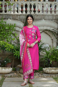 Juniper Fuchsia Mono Viscose Festive Wear Embroidered Straight Kurta Pant Dupatta Set