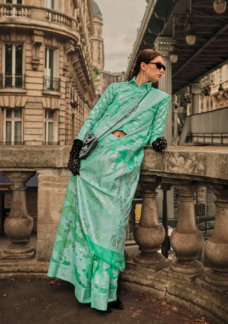 Monjolika Fashion Sea Green Color Lakhnavi Organza Weaving Work Saree With Blouse