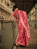 Monjolika Fashion Light Red Color Lakhnavi Organza Weaving Work Saree With Blouse
