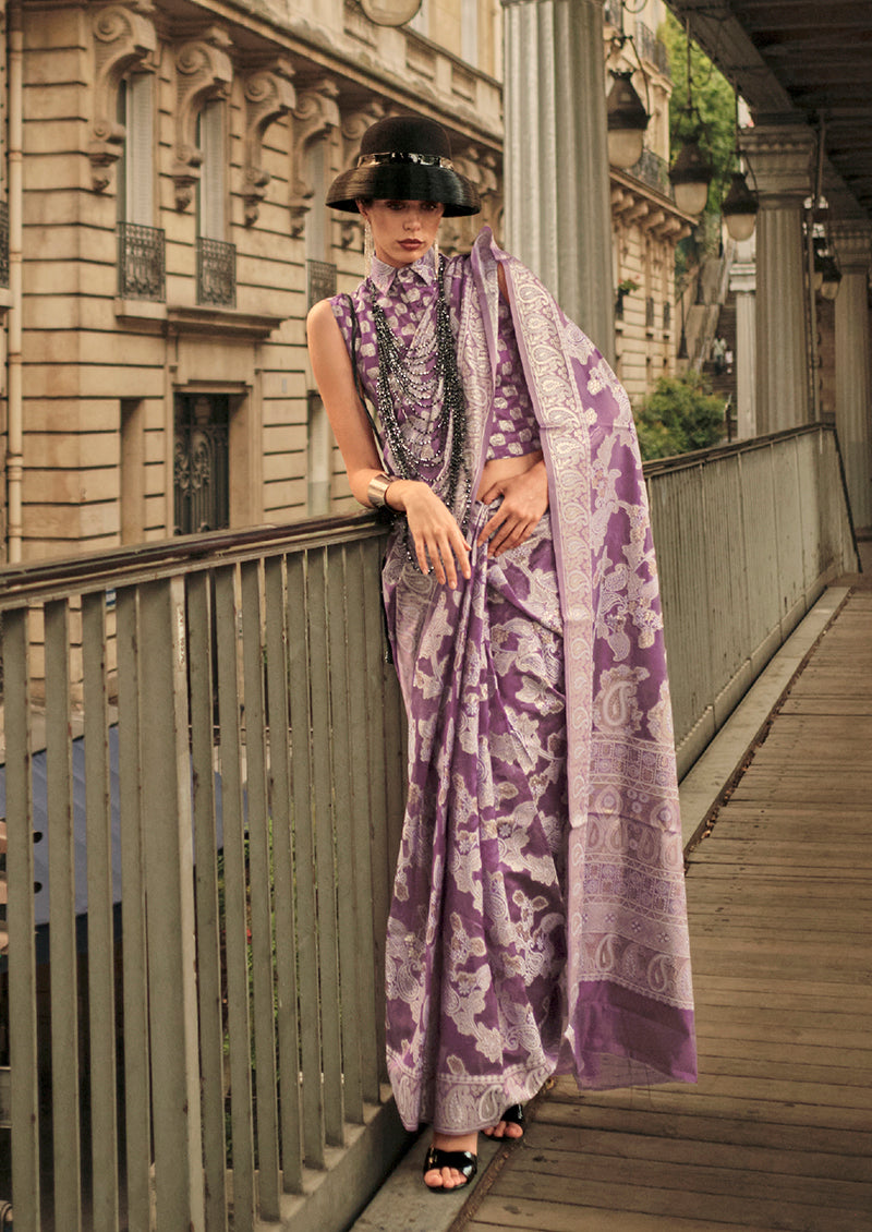 Monjolika Fashion Violet Color Lakhnavi Organza Weaving Work Saree With Blouse