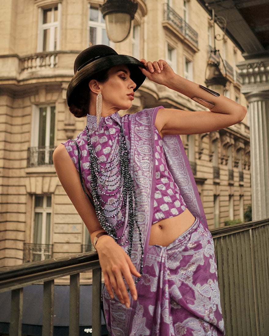 Monjolika Fashion Violet Color Lakhnavi Organza Weaving Work Saree With Blouse