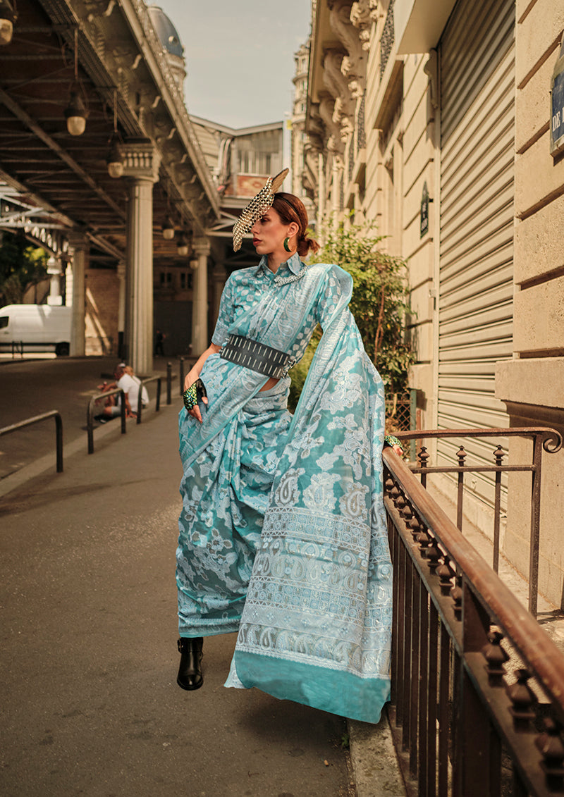Monjolika Fashion Sky Blue Color Lakhnavi Organza Weaving Work Saree With Blouse