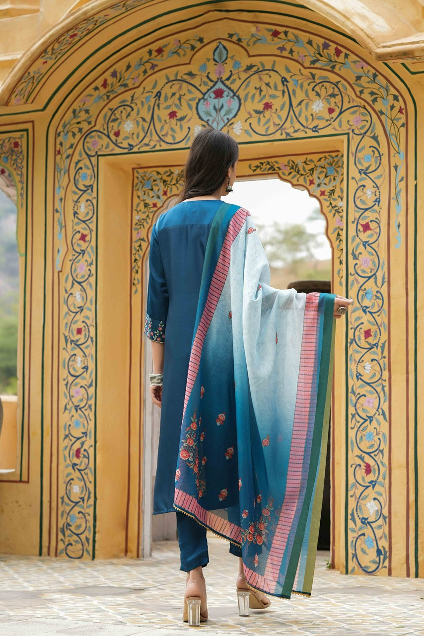 Juniper Women's Teal Satin Slub Straight Embroidered Kurta Sets