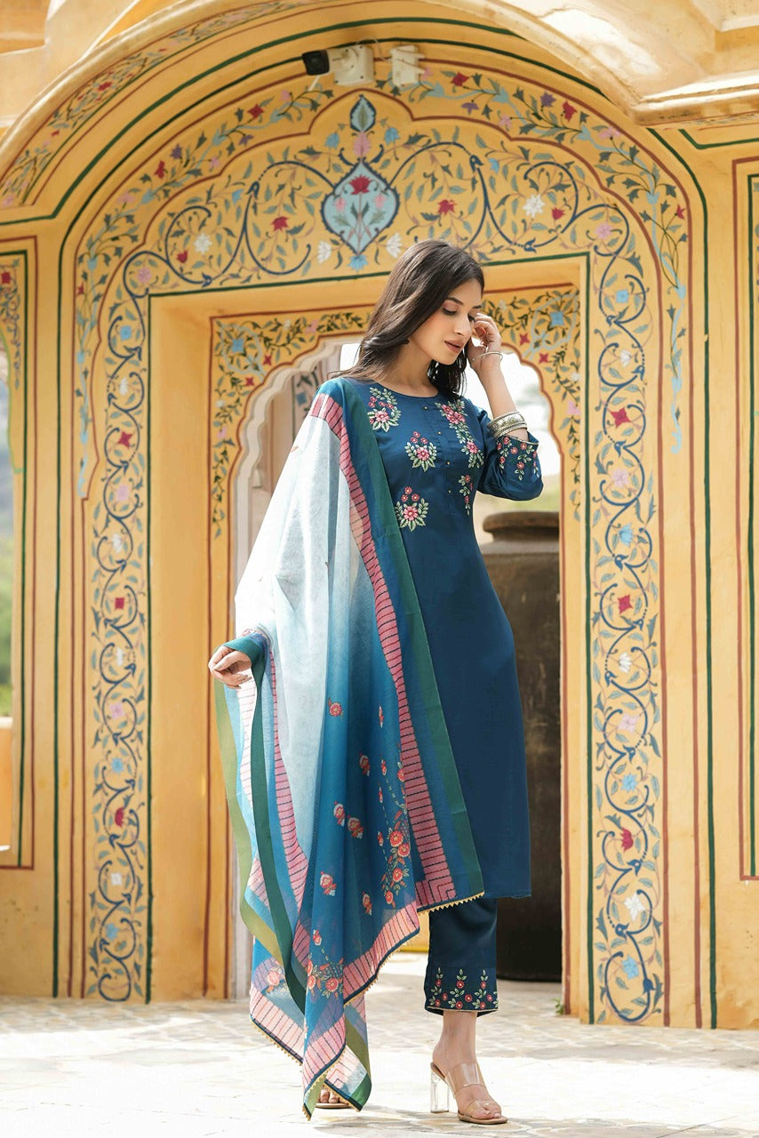 Juniper Women's Teal Satin Slub Straight Embroidered Kurta Sets