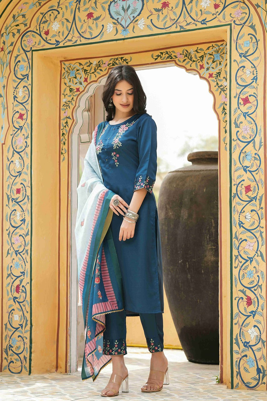 Juniper Women's Teal Satin Slub Straight Embroidered Kurta Sets