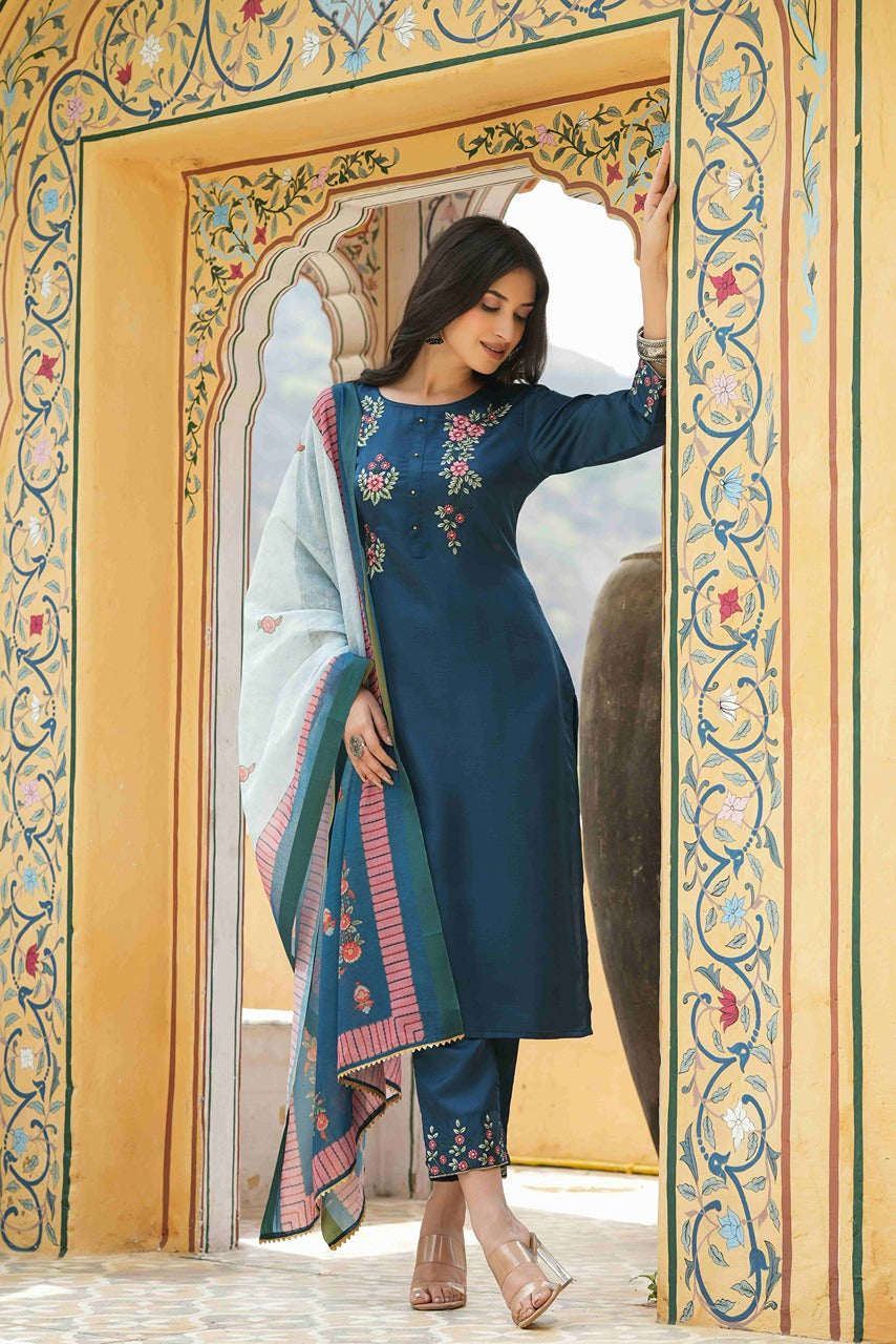 Juniper Women's Teal Satin Slub Straight Embroidered Kurta Sets
