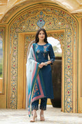 Juniper Women's Teal Satin Slub Straight Embroidered Kurta Sets