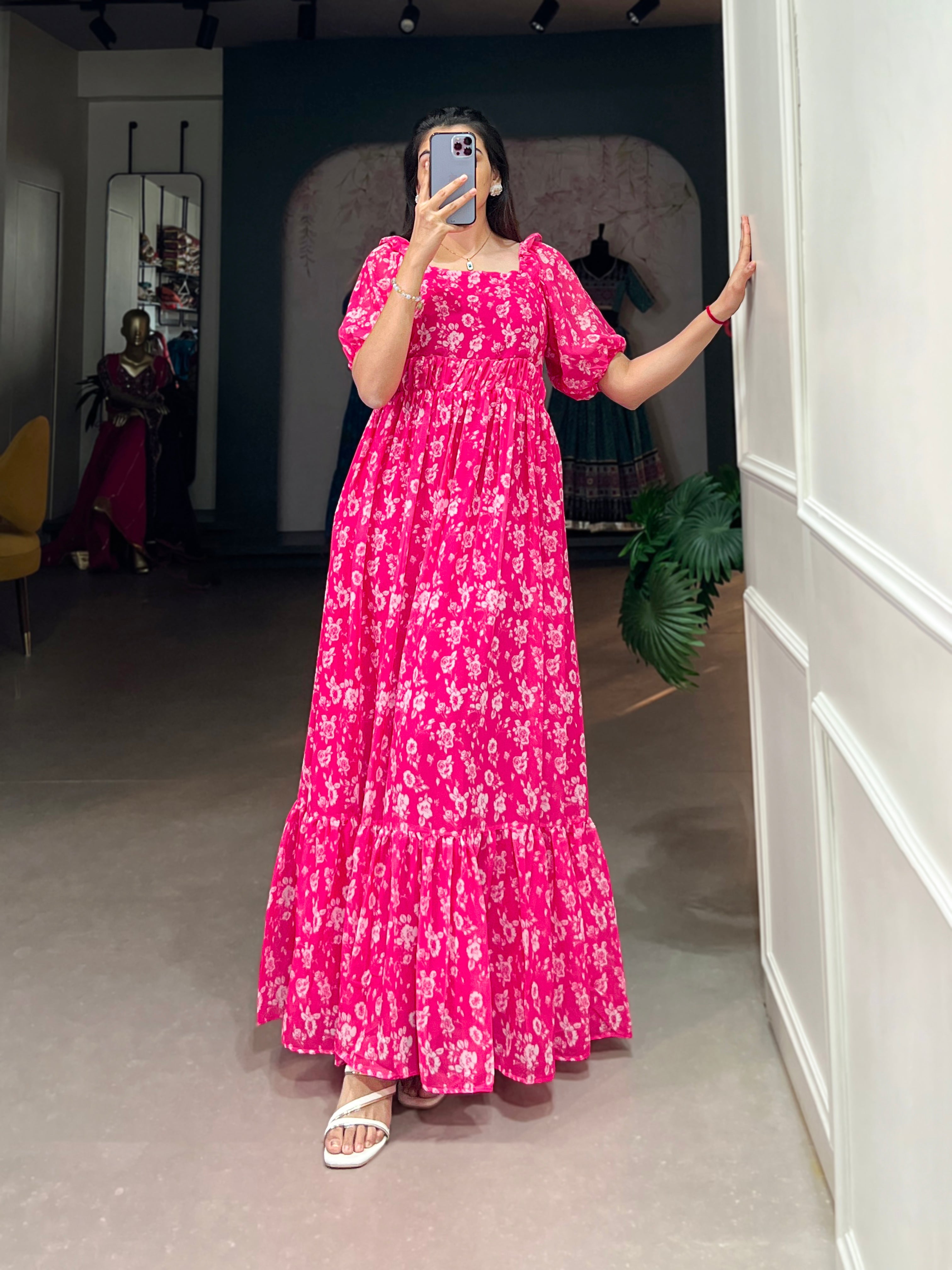 Lorenvalley Pink Georgette Floral Print Gown