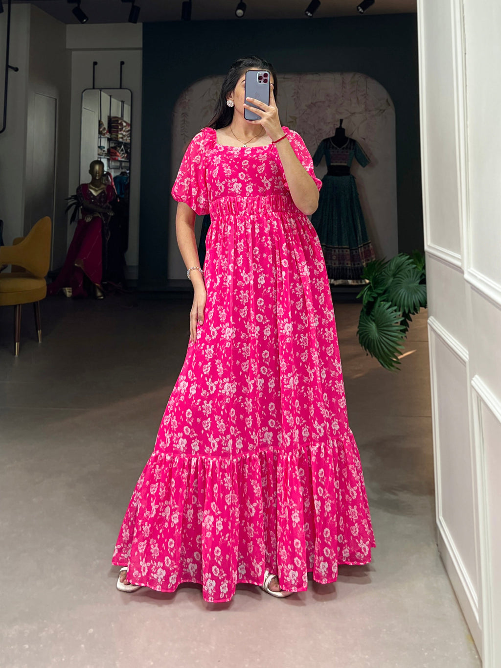 Lorenvalley Pink Georgette Floral Print Gown