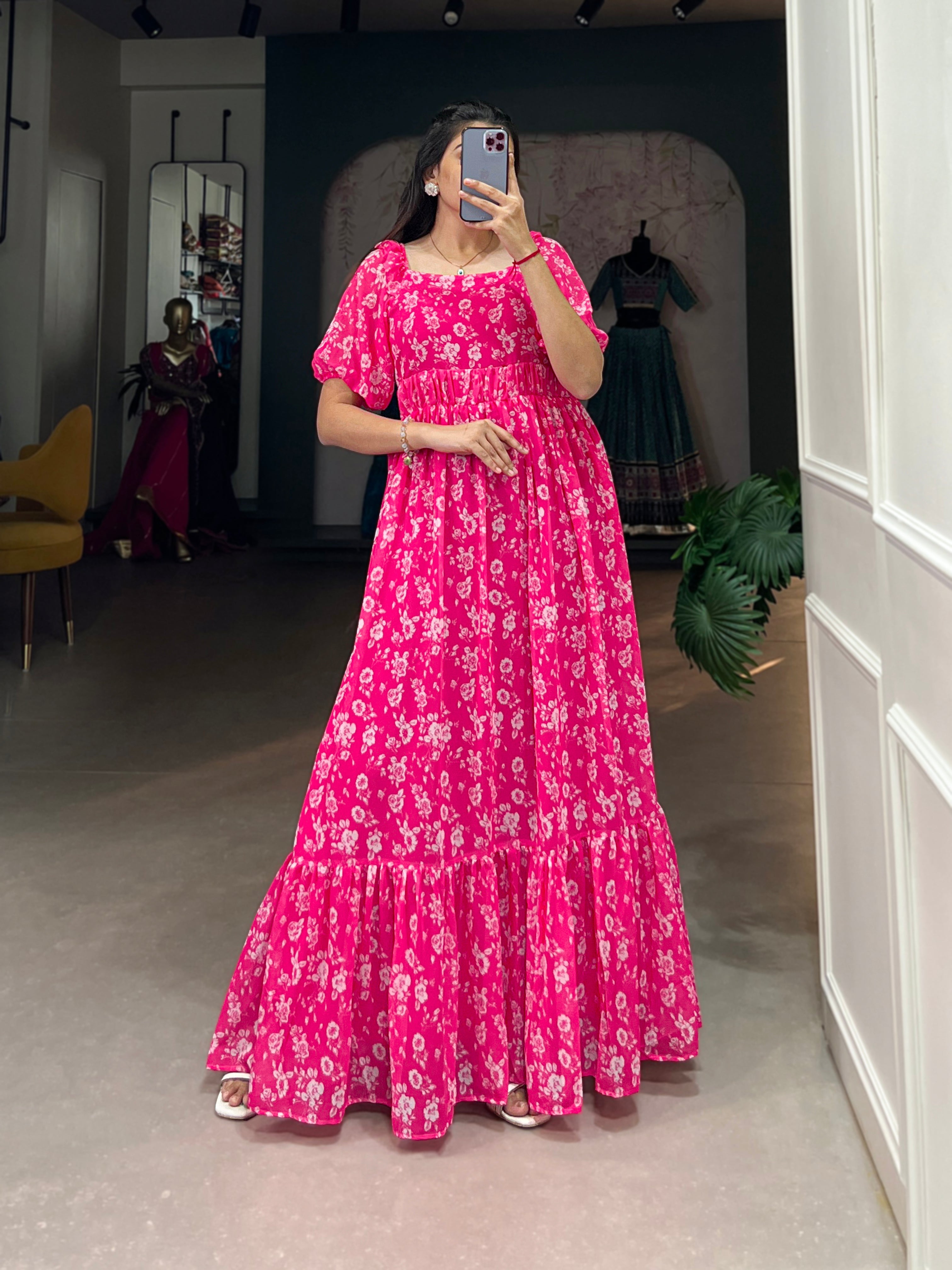 Lorenvalley Pink Georgette Floral Print Gown