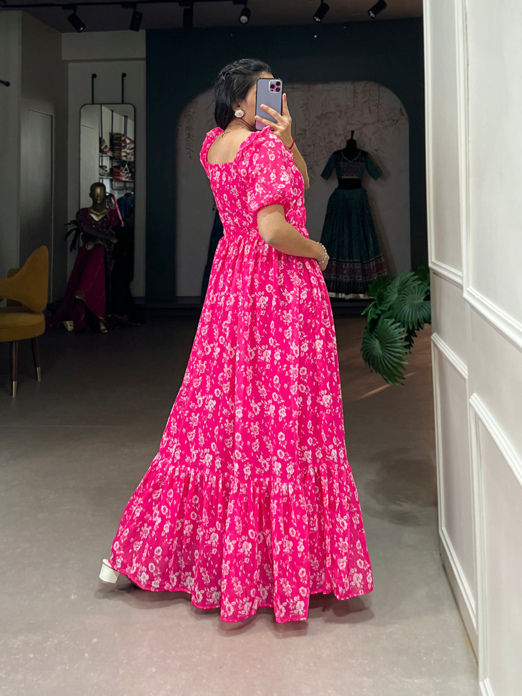Lorenvalley Pink Georgette Floral Print Gown