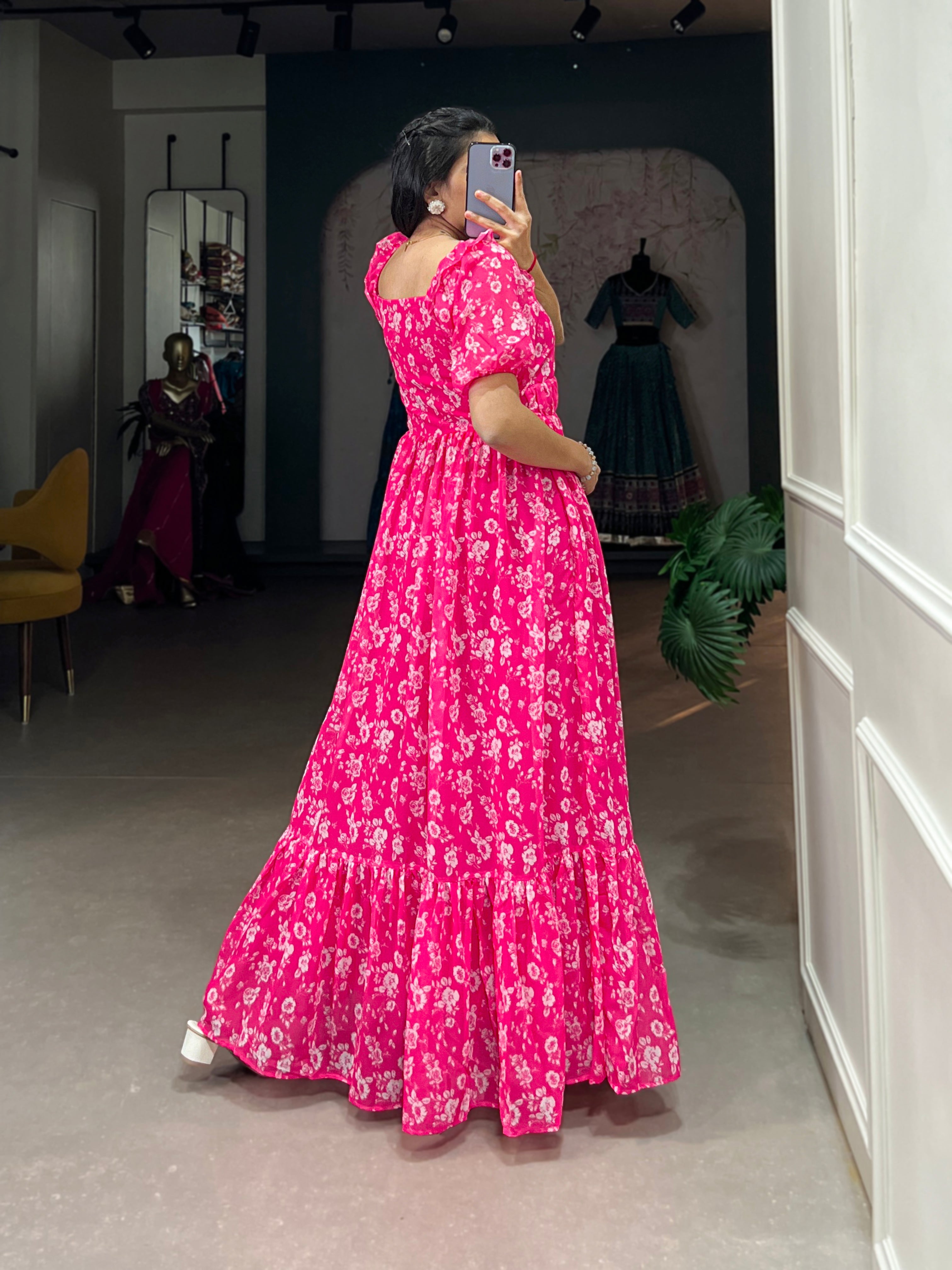 Lorenvalley Pink Georgette Floral Print Gown
