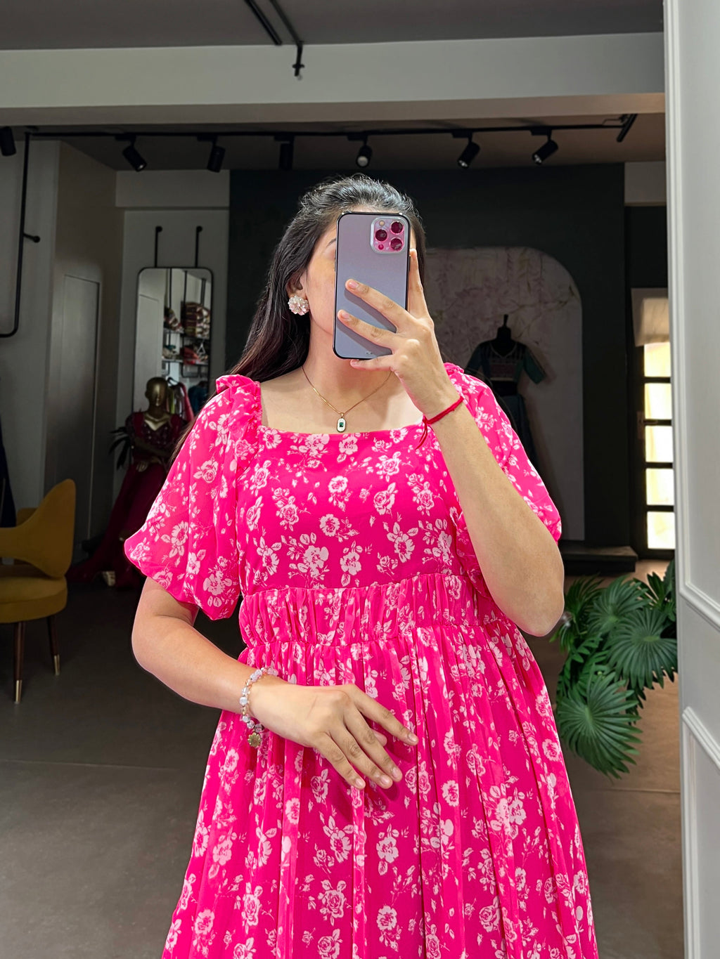Lorenvalley Pink Georgette Floral Print Gown