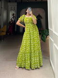 Lorenvalley Parrot green Georgette Floral Print Gown