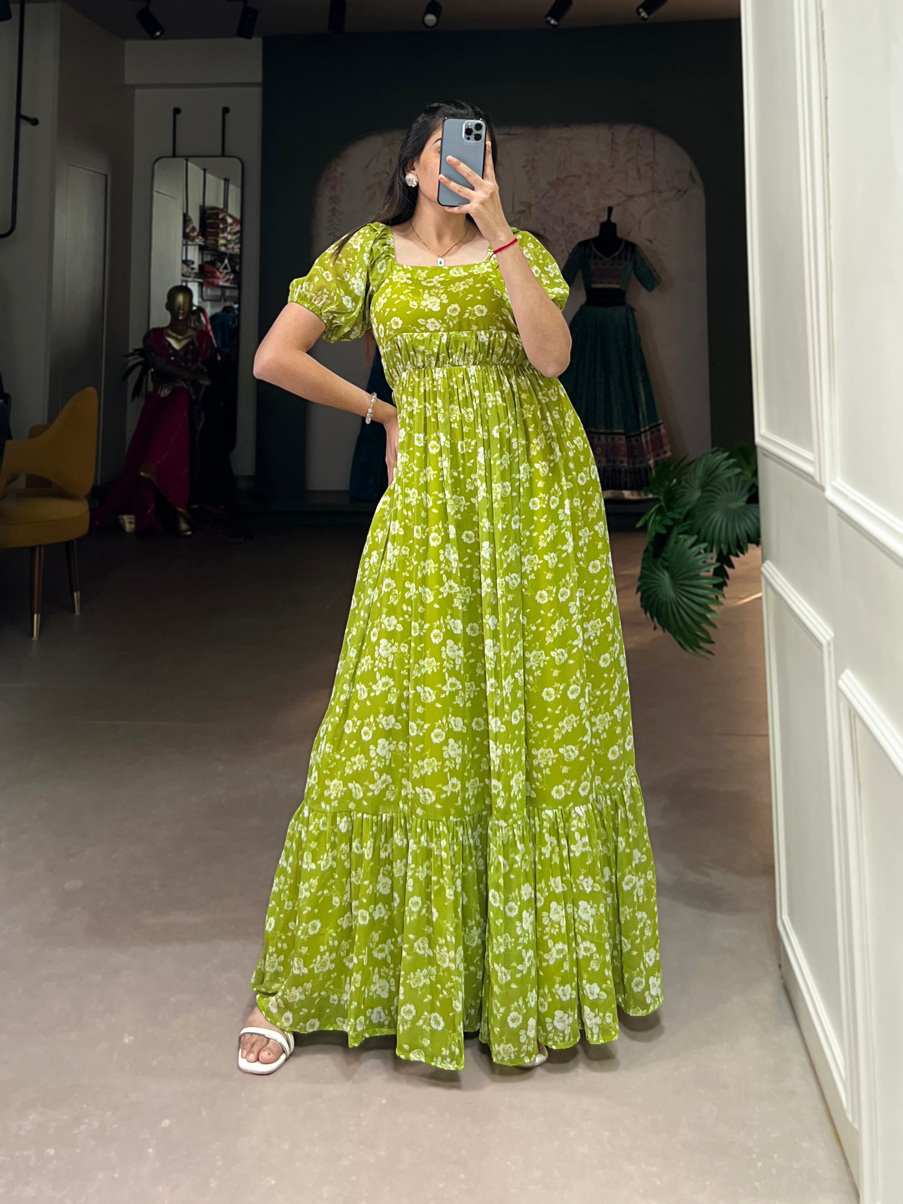 Lorenvalley Parrot green Georgette Floral Print Gown