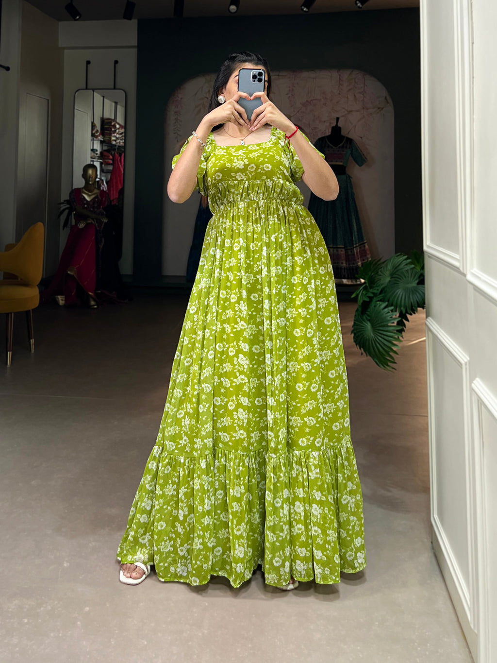 Lorenvalley Parrot green Georgette Floral Print Gown