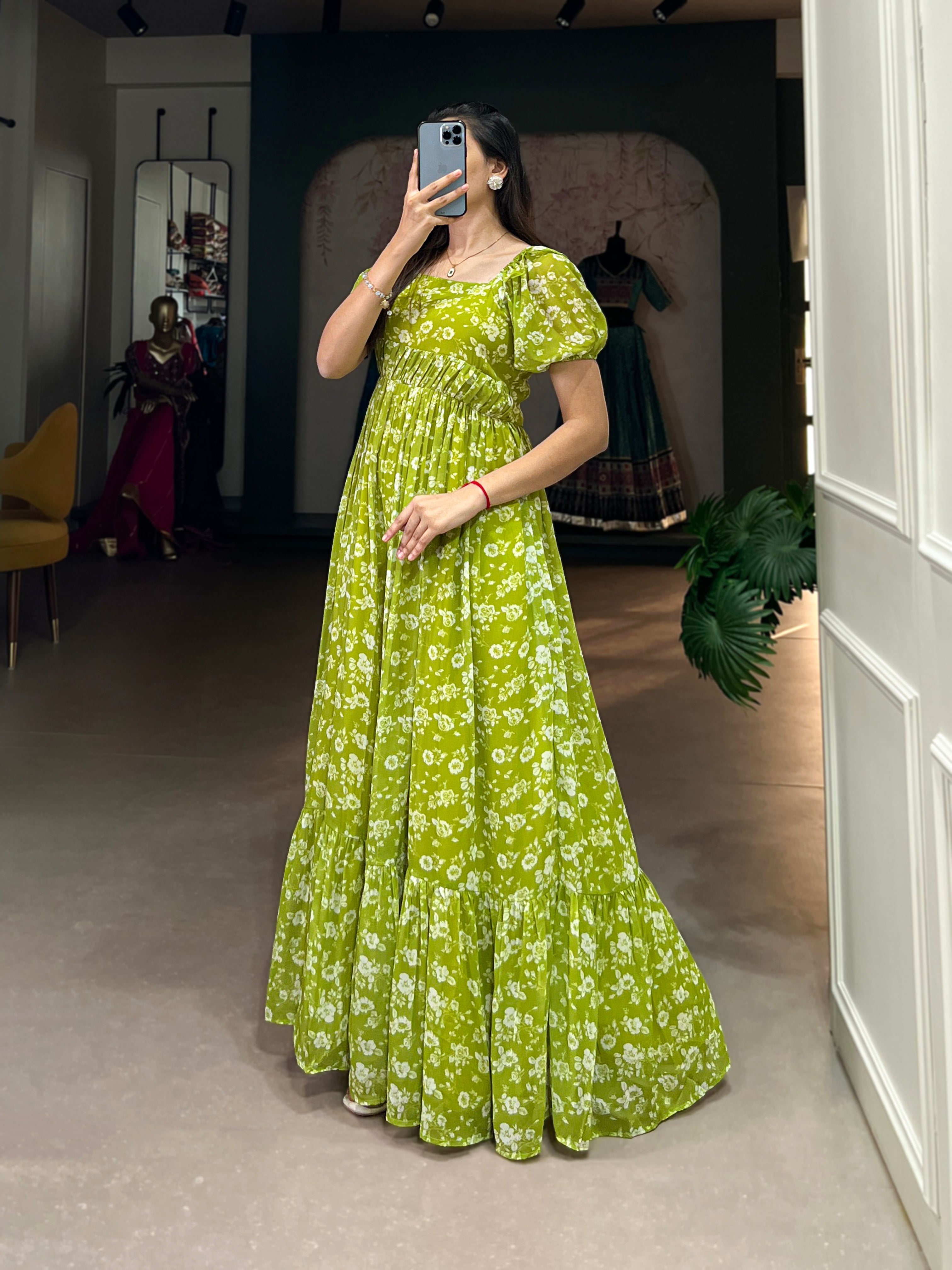 Lorenvalley Parrot green Georgette Floral Print Gown
